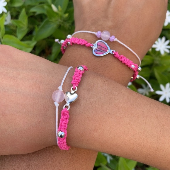 Mommy & Me Girl Love Rose quartz Stone set bracelet Handmade, pink/silver. - Picture 6 of 10